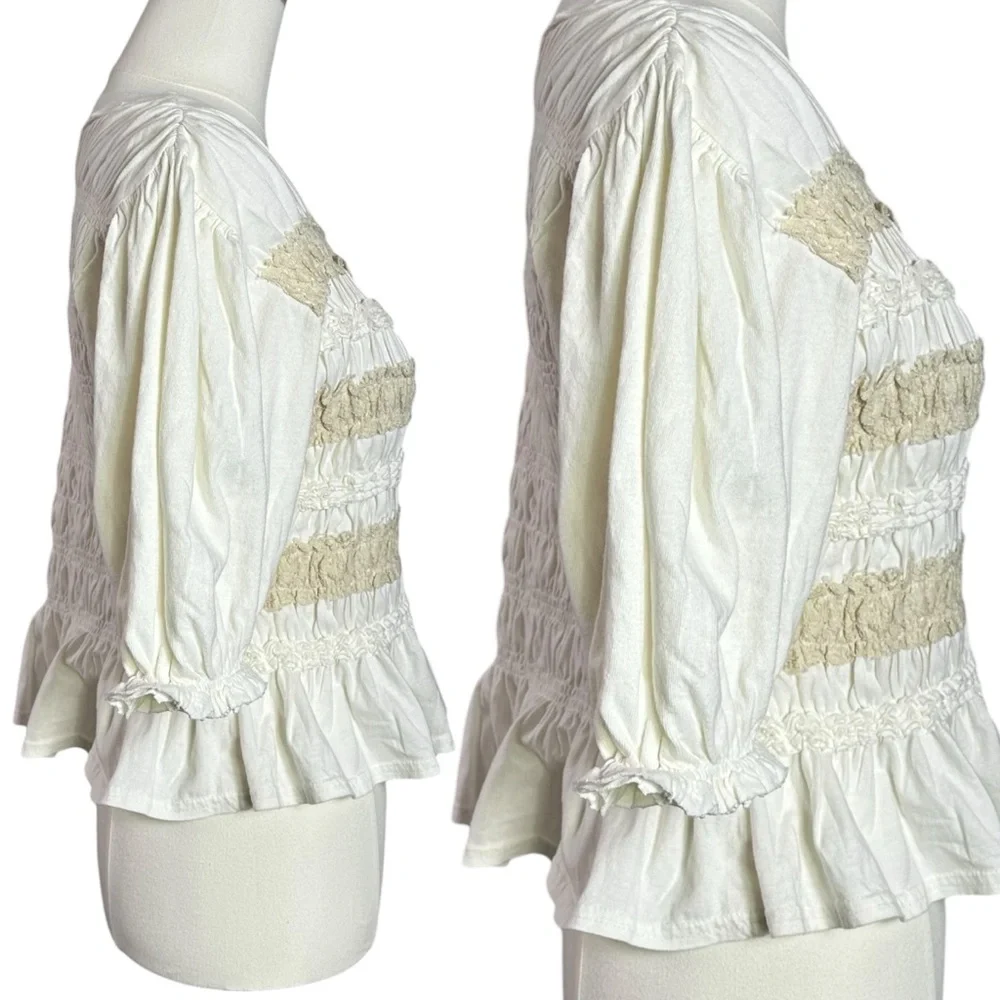 Free People Bohemian Cottage Ruched Maxey Knit Top in Ivory XL NWT Puff Sleeves